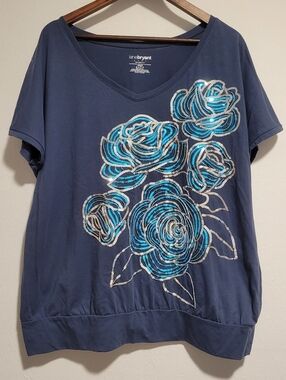 Lane Bryant Navy V-Neck with Teal & Silver Sequin Floral Design, 18/20W